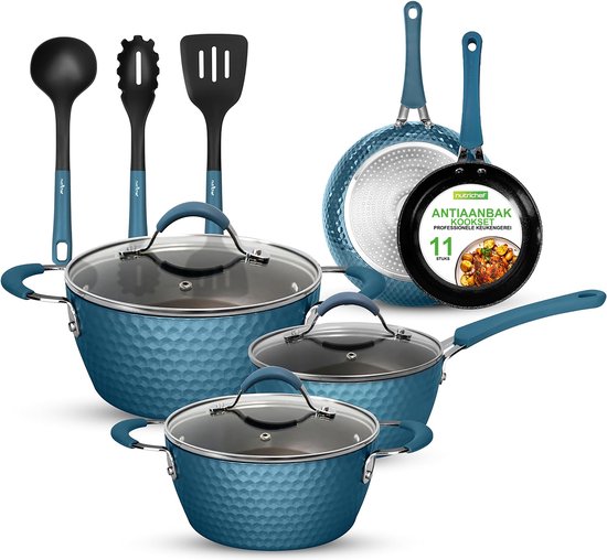 NutriChef Pannenset - 14-delige Antiaanbak Kookset- Kookpannenset-Krasbestendige pannen en potten met deksels en keukengerei- Pannenset Inductie -Compatibel met alle Kookplaten