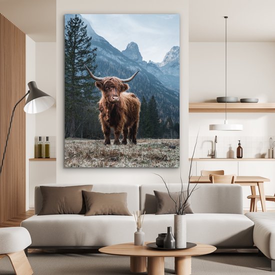 Décoration murale Métal - Peinture Aluminium Industriel - Highlander Ecossais - Berg - Paysage - Arbres - Vache - Nature - 120x160 cm - Dibond - Photo sur aluminium - Décoration murale industrielle - Pour le salon/chambre