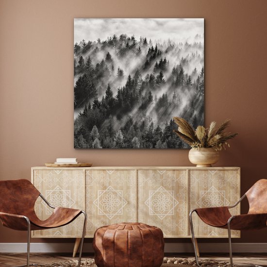 Tableau aluminium 90x90 cm - Décoration murale métal - Paysage - Brume - Forêt - Nature - Décoration murale métal salon - Décoration industrielle - Photo sur dibond - Accessoires industriels chambre