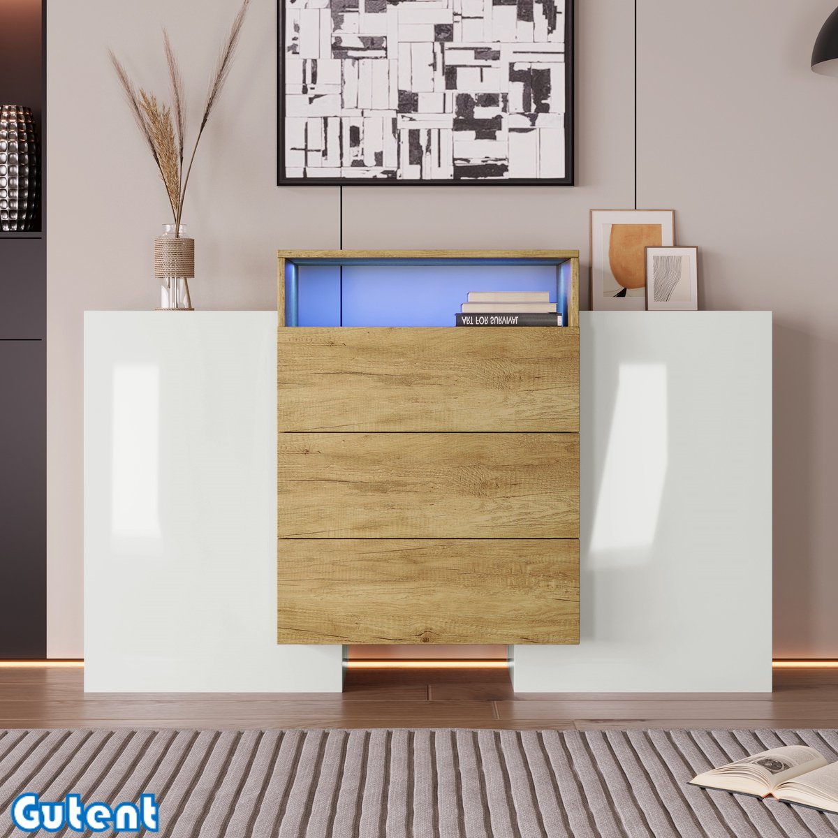 Gutent Dressoir -140cm-Wit en houtkleurig-Glad-met-LED-verlichting-Afwerking gedeeltelijk