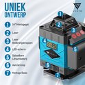 Vesto kruislijnlaser met blauwe en zwarte behuizing, LED-scherm en bedieningsknoppen.
