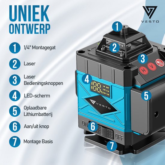Vesto kruislijnlaser met blauwe en zwarte behuizing, LED-scherm en bedieningsknoppen.