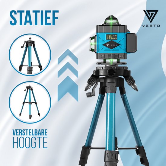 Blauwe kruislijnlaser op een verstelbaar blauw statief met de tekst 'STATIEF' en 'VERSTELBARE HOOGTE'.