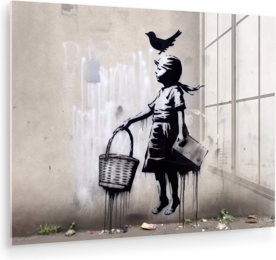 MuchoWow® Glasschilderij 160x120 cm - Schilderij acrylglas - Graffiti - Meisje - Vogel - Street Art - Banksy Style - Foto op glas - Muurdecoratie woonkamer - Wanddecoratie slaapkamer - Schilderijen