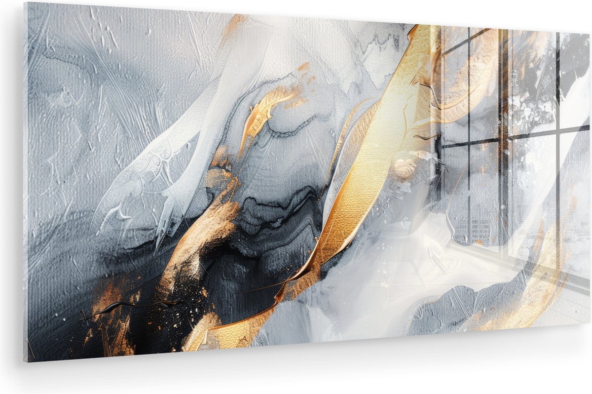 MuchoWow® Glasschilderij 40x20 cm - Schilderij acrylglas - Abstract - Goud - Verf - Aesthetic - Art - Foto op glas - Muurdecoratie woonkamer - Wanddecoratie slaapkamer - Schilderijen