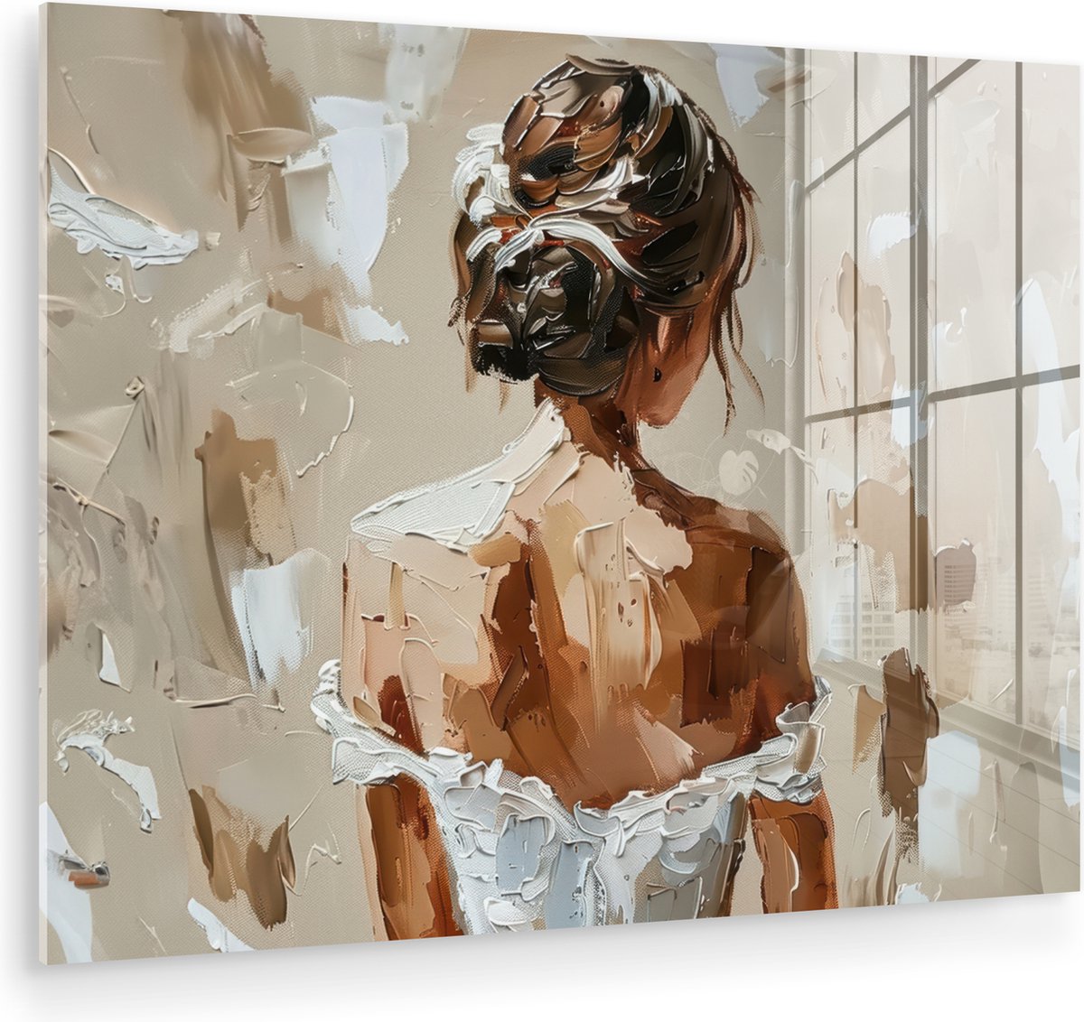 MuchoWow® Glasschilderij 80x60 cm - Schilderij acrylglas - Vrouw - Verf - Abstract - Beige