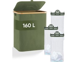 DARI. - Wasmand 3 vakken - Wassorteerder - 160L - met 3 uitneembare zakken - wasmand - groen - knopen