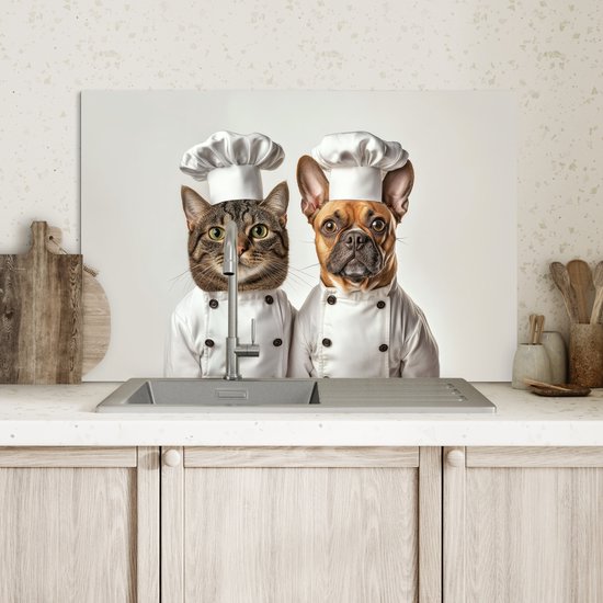 Spatscherm keuken 70x50 cm - Kookplaat achterwand Kat - Hond - Kokskleding - Muurbeschermer - Spatwand fornuis - Hoogwaardig aluminium
