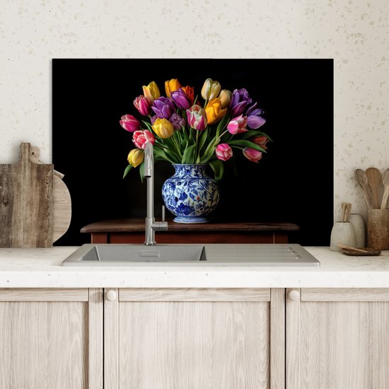 Crédence de Cuisinière en Aluminium 60x40 cm - Tulipes - Couleurs - Vase - Écran Pare-éclaboussures pour Plaque de Cuisson - Protection Murale