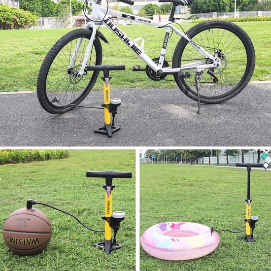 Vloer fietspomp - Draagbare Fiets Luchtpomp - Pomp met Meter en Slimme Ventielkop - Geel — afbeelding 3