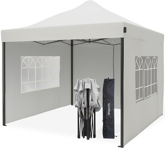LifeGoods Partytent - Paviljoen - 3x3 m - Zijwanden - Easy Up - Opvouwbaar - Waterdicht - Draagtas met Wieltjes - Wit