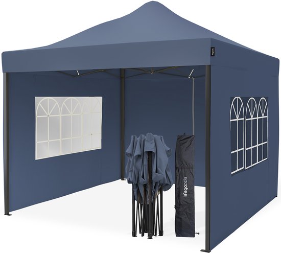 LifeGoods Partytent - Paviljoen - 3x3 m - Zijwanden - Easy Up - Opvouwbaar - Waterdicht - Draagtas met Wieltjes - Donkerblauw