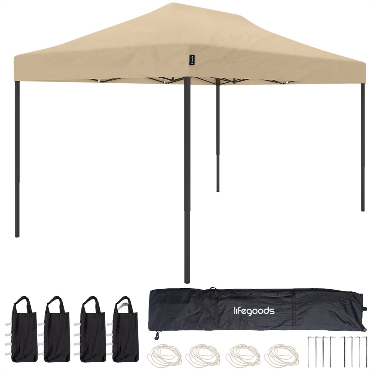 Bol.com LifeGoods Partytent - Paviljoen - 3x4.5 m - Easy Up - Opvouwbaar - Waterdicht - Draagtas met Wieltjes - Beige aanbieding