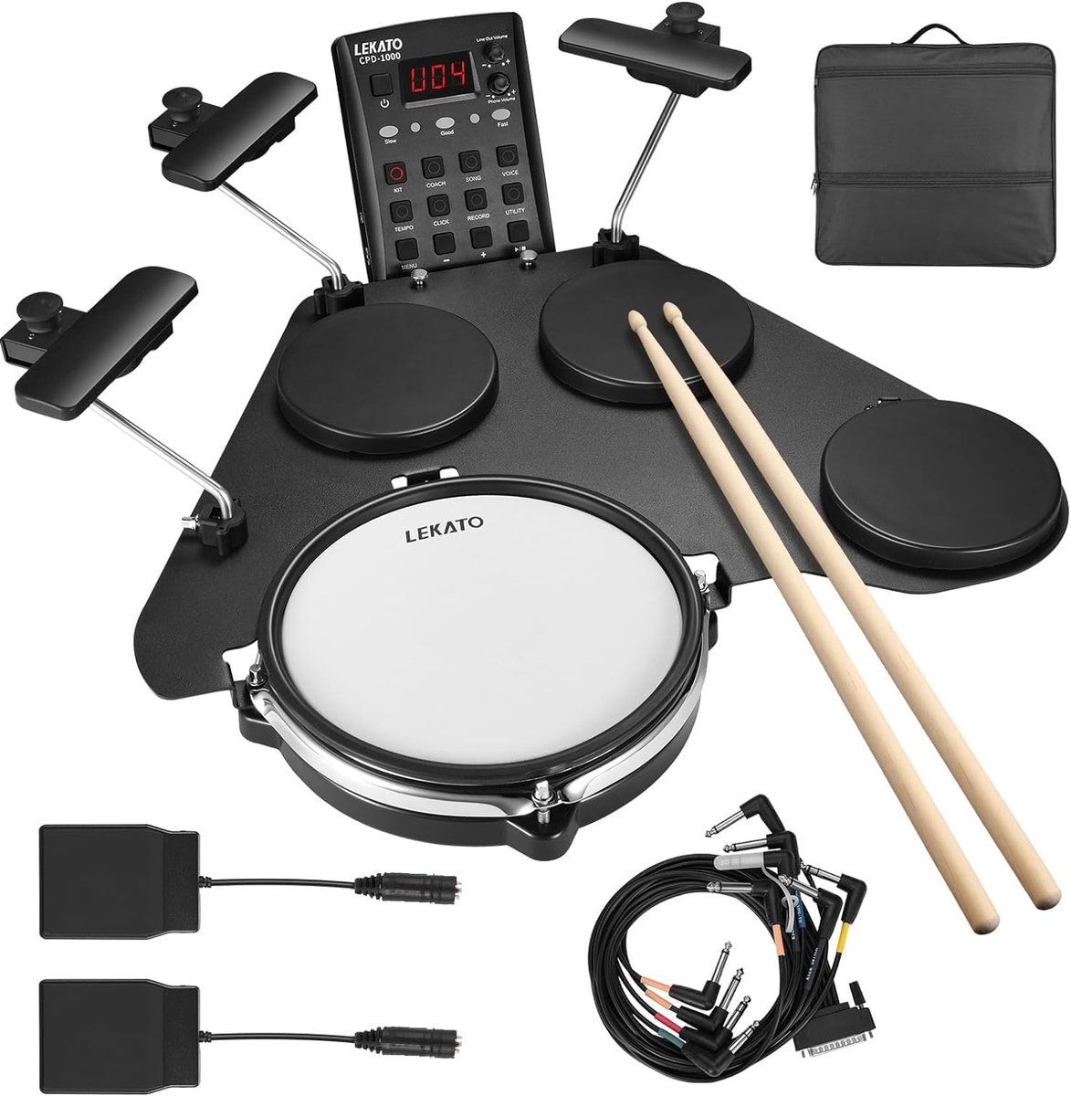 Elektronische drumset voor beginners met mesh-pad, 220+ geluiden, USB MIDI, 2 pedalen en draagtas
