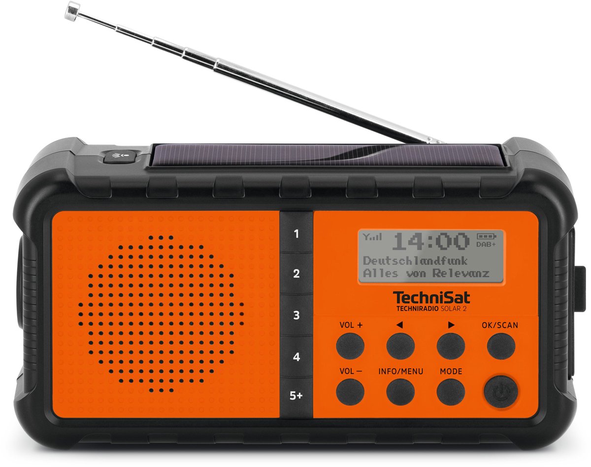 TechniSat TECHNIRADIO SOLAR 2 Radio DAB+, VHF (FM) DAB+, FM, USB Zonnepaneel, Handslinger, Zaklamp, Oplaadbaar, Spatwat
