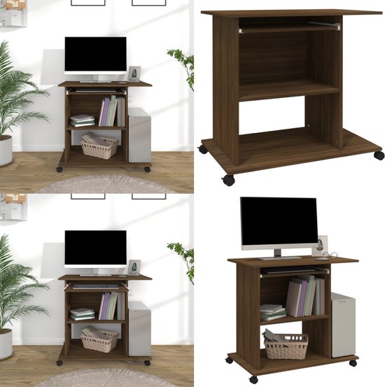 COSTWAY Mobiele Computertafel - Donkerbruin Houten Bureau Met Wielen 75x50x75 Cm, Ideaal Voor Kleine Ruimtes