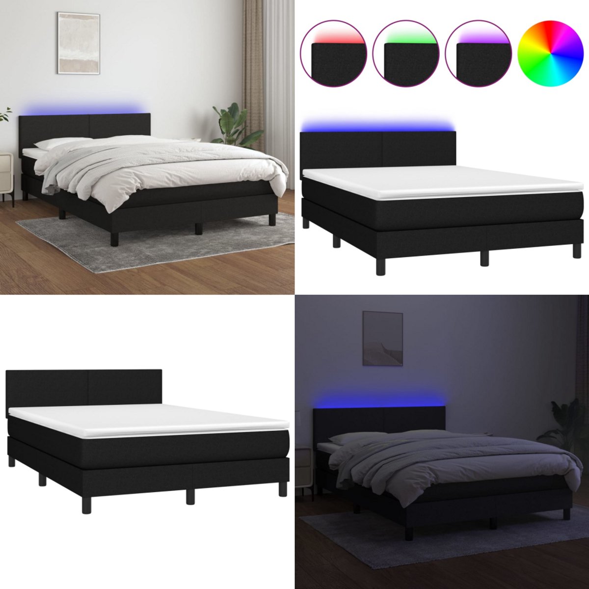 vidaXL Boxspring met matras en LED stof zwart 140x190 cm - Boxspring - Boxsprings - Bed - Slaapmeubel