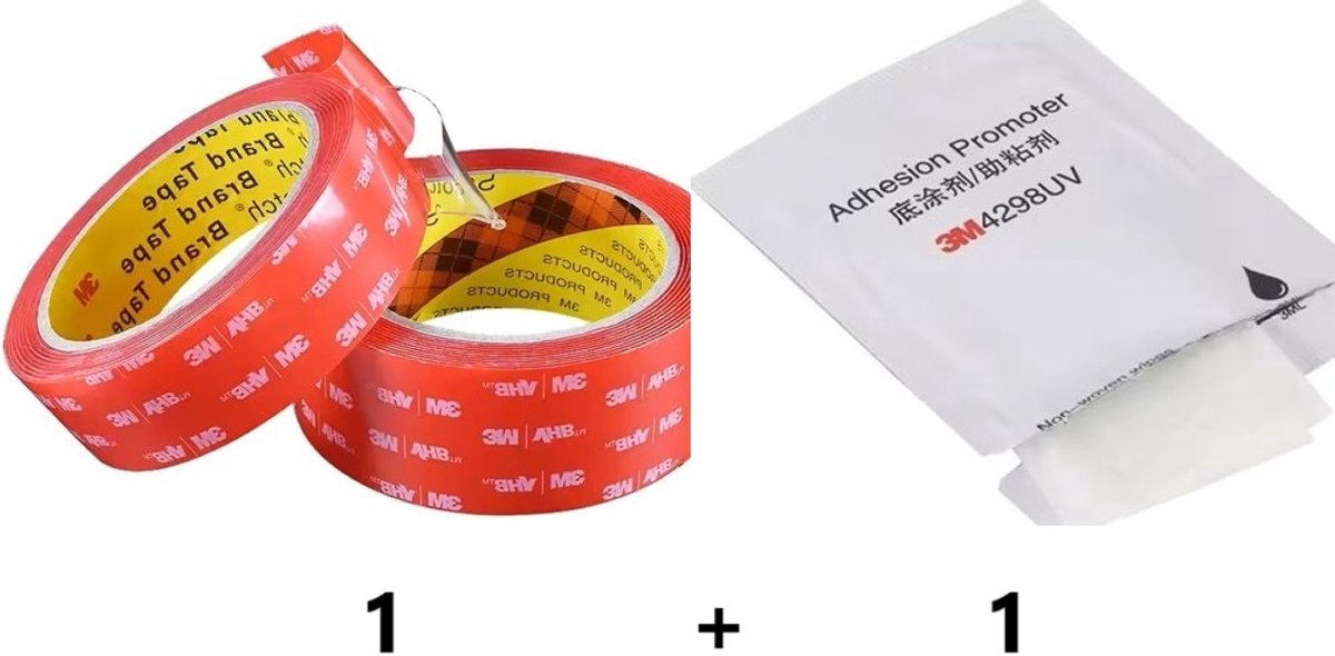 1 stuk 3M VHB 4910F Transparante Dubbelzijdige Montagetape – Extra Sterk & Waterdicht en Bestand Tegen Hoge Temperaturen - Nano tape - 5meterx25mmx1.0mm + 1 stuk 3M 4298UV Primer Doekjes – Verbeter de Hechting van Dubbelzijdige Tape - 3ml doekjes