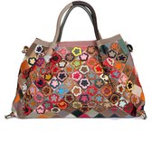 Grote leren boho Ibiza shopper van stukjes leer met bloemen model "Destino" by Viabologna.nl