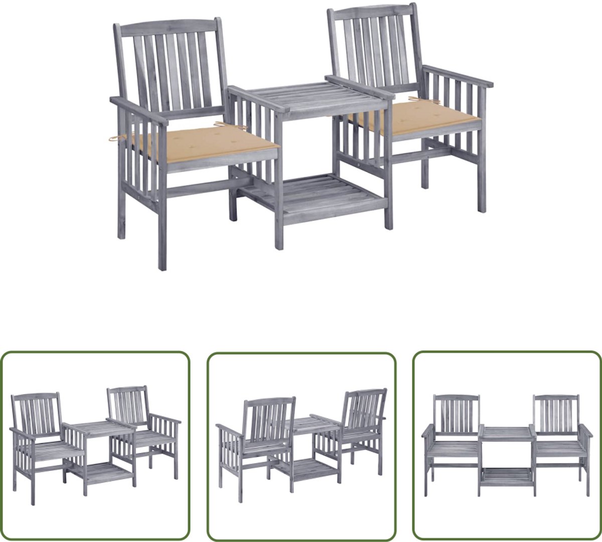 The Living Store Tuinstoelen met tafeltje en kussens massief acaciahout - Tuinmeubel - Tuinset - Twee Zitplaatsen - Acacia Hout - Buitenshuis