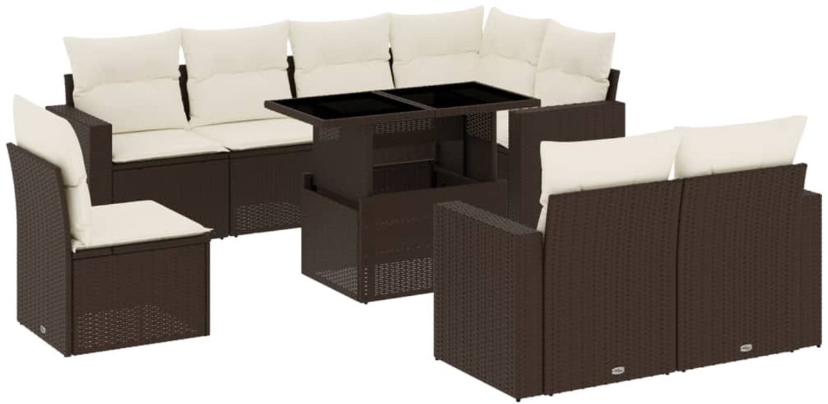 Bruine poly rattan loungeset met kussens voor tuinmeubels en buitendecoratie.
