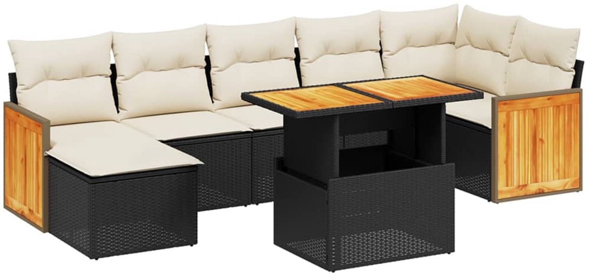 Zwarte poly rattan loungeset met kussens voor tuin en buitenruimte.