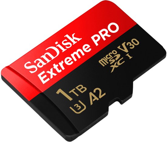 SanDisk Extreme PRO 1TB microSDXC geheugenkaart met rode en zwarte opdruk.