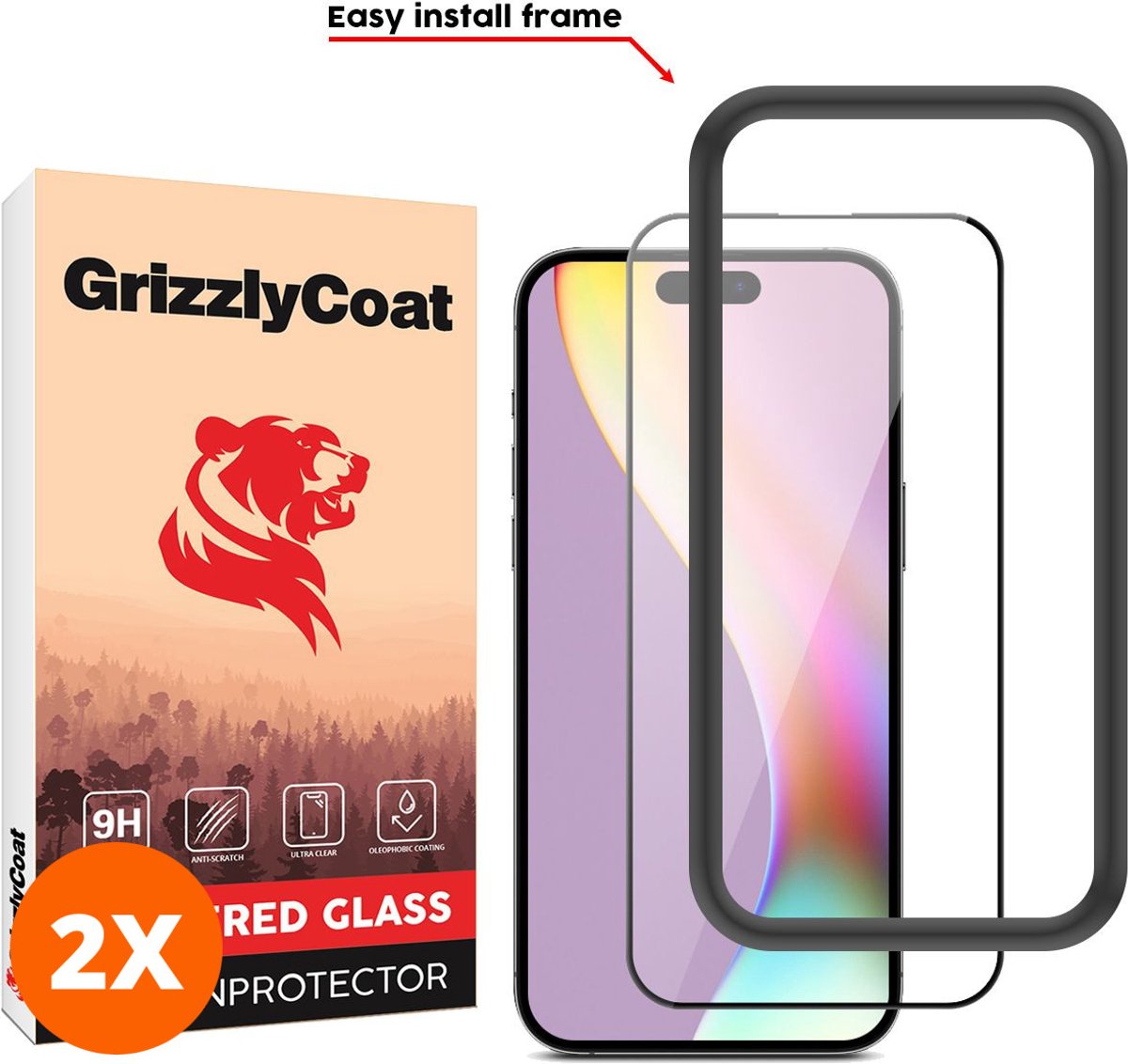 GrizzlyCoat Screenprotector geschikt voor Apple iPhone 15 Plus Glazen | GrizzlyCoat Easy Fit Screenprotector - Case Friendly + Installatie Frame - Zwart (2-Pack)