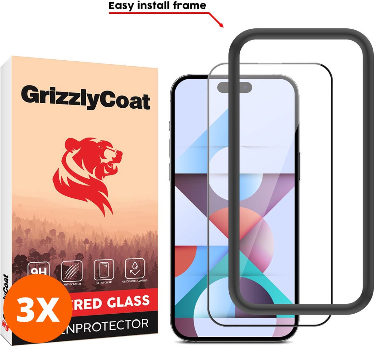GrizzlyCoat Screenprotector geschikt voor Apple iPhone 15 Pro Glazen | GrizzlyCoat Easy Fit Screenprotector - Case Friendly + Installatie Frame - Zwart (3-Pack)