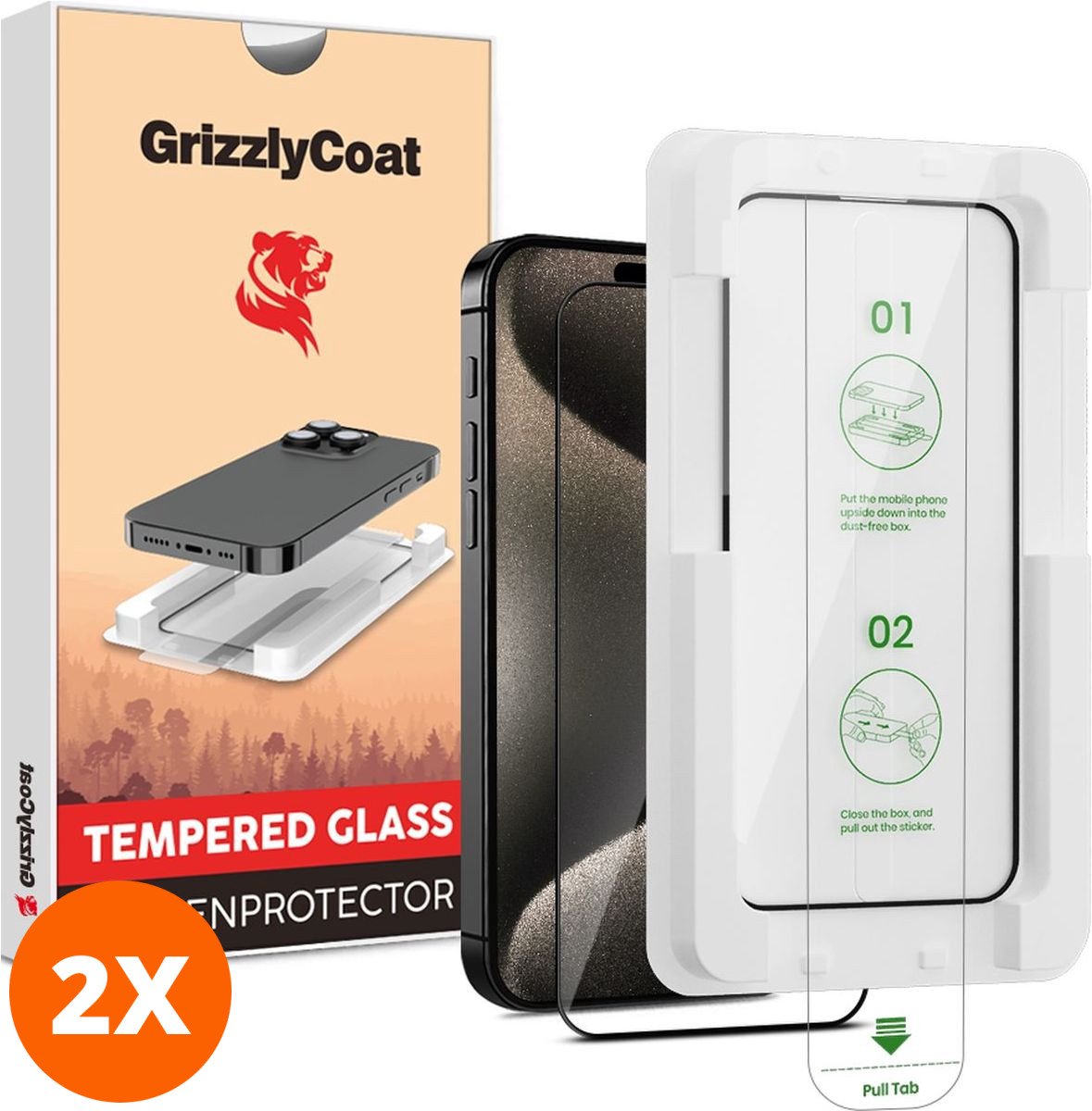 GrizzlyCoat Screenprotector geschikt voor Apple iPhone 15 Pro Max Glazen | GrizzlyCoat AlignPro Screenprotector - Case Friendly + Installatie Frame - Zwart (2-Pack)