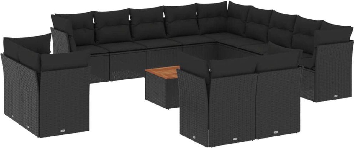The Living Store 14-delige Loungeset met kussens poly rattan zwart - Loungeset - Tuinlounge - Buitentijnen - Lounge Set - Tuinmeubels