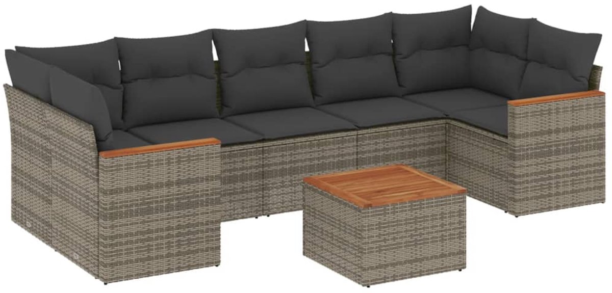 The Living Store 8-delige Loungeset met kussens poly rattan grijs - Loungeset - Tuinmeubels - Lounge Set - Tuinbank - Outdoor Furniture