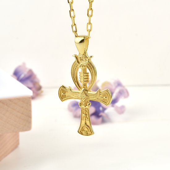 Eye of Horus bovenop Ankh halsketting voor mythologie liefhebber Gold Polished 26 inches