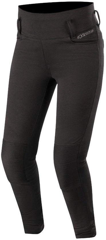Zwarte Alpinestars legging met hoge taille, geribbelde knieën en een klein logobadge aan de zijkant.