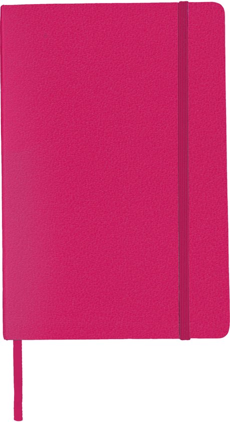 Fuchsia notitieboek met elastische band en bladwijzer.