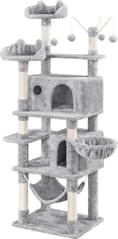 Krabpaal 240-260cm grijs plafondhoogte met sisal, huisjes en hangmatten klimpaal krabboom katten