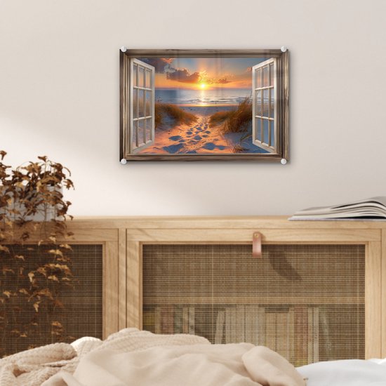 MuchoWow® Peinture sur verre 30x20 cm - Peinture sur verre acrylique - Vue à travers - Plage - Dunes - Coucher de soleil - Photo sur verre - Décoration murale salon - Décoration murale chambre - Peintures
