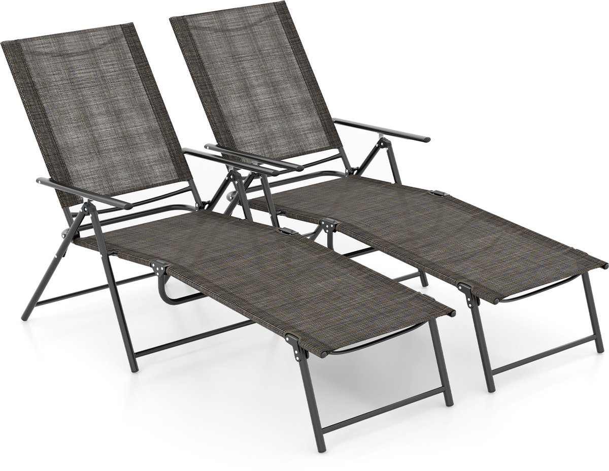 COSTWAY Set van 2 zonnestoelen, inklapbaar, tuinligstoel met verstelbare rugleuning, voeteneinde en ademende zitstof, klapstoel, belastbaar tot 150 kg, ligstoel voor tuin, terras