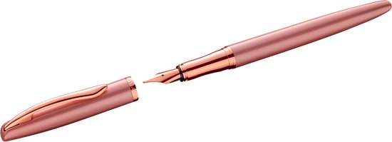 Roze Pelikan Jazz vulpen met roségouden penpunt en clip, dop ligt ernaast.