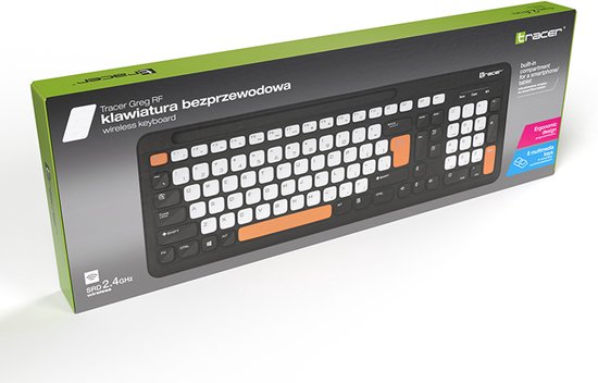Doos van het Tracer GREG RF draadloze toetsenbord, met afbeelding van het zwarte toetsenbord.