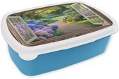 Boîte à lunch bleu - Lunchbox Vue - Jardin - Fenêtre - Hortensia - Fleurs - Boîte à lunch 18x12x6 cm