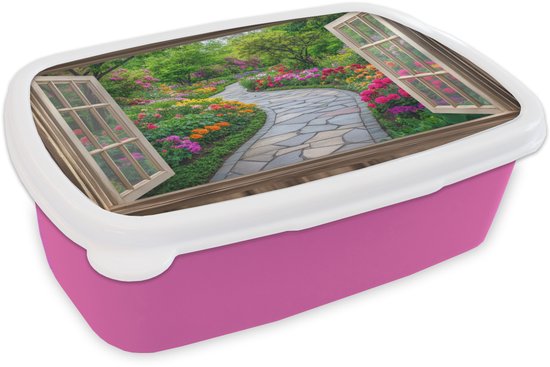 Broodtrommel Roze - Lunchbox Doorkijk - Bloemen - Tuinpad - Natuur - Raam - Brooddoos 18x12x6 cm - Brood lunch box - Broodtrommels voor kinderen en volwassenen