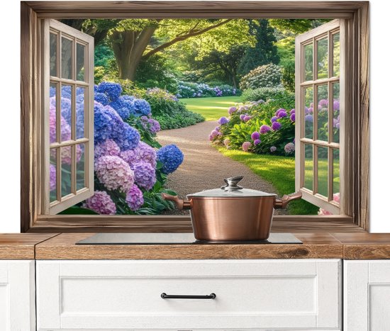 Crédence de Cuisinière en Aluminium 120x80 cm - Vue - Jardin - Fenêtre - Hortensia - Fleurs - Écran Pare-éclaboussures pour Plaque de Cuisson - Protection Murale