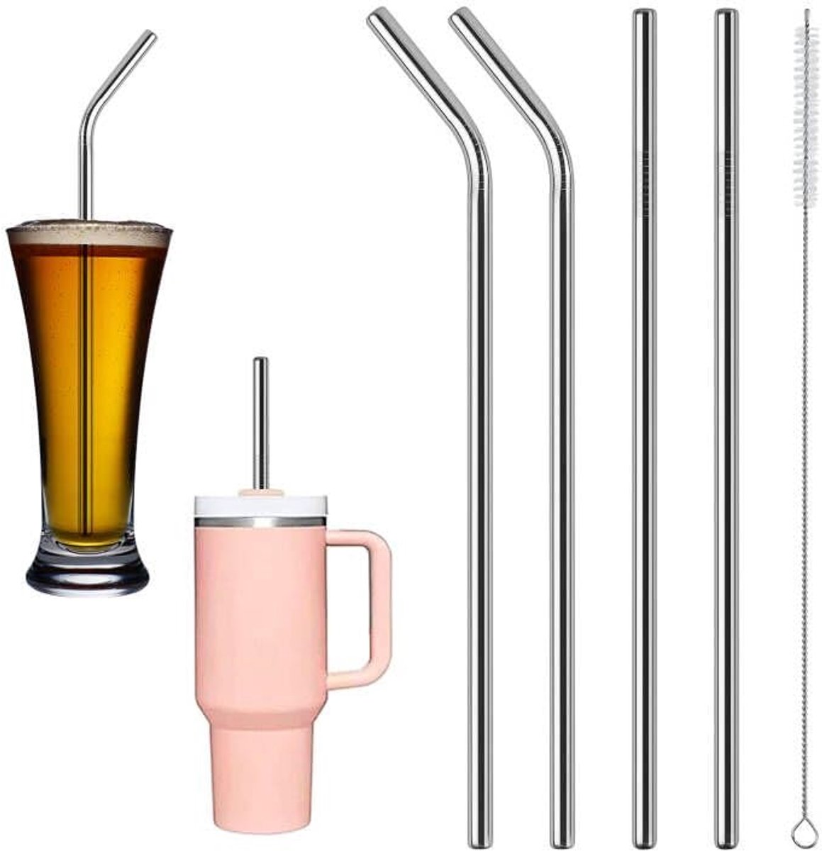 My Ninki ® Herbruikbare Lange Metalen Drinkrietjes met Reinigingsborstel voor Feestelijke Gelegenheden en Dagelijks Gebruik