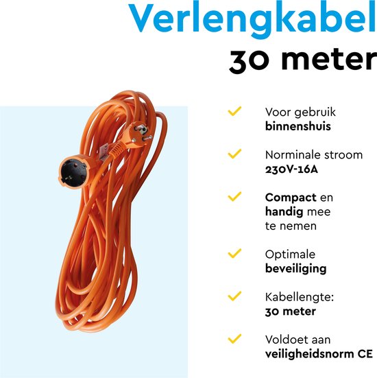 Oranje verlengsnoer van 30 meter met stekker en contactdoos. Tekst: Verlengsnoer 30 meter. Voor gebruik binnenshuis. Nominale stroom 230V-16A. Compact en handig mee te nemen. Optimale beveiliging. Kabellengte: 30 meter. Voldoet aan veiligheidsnorm CE.