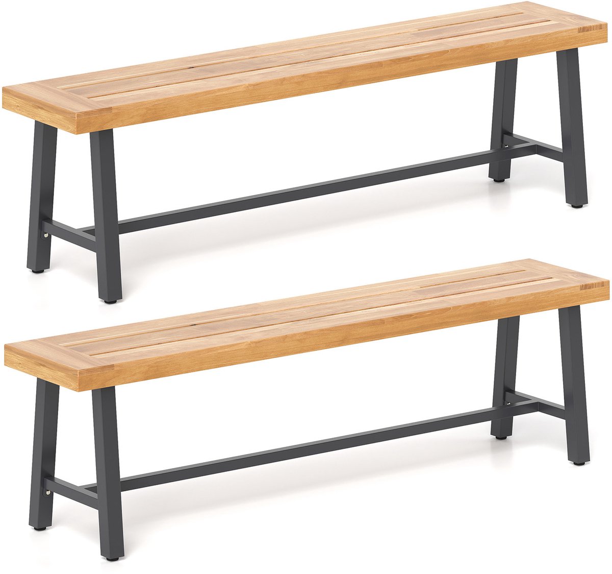 COSTWAY Tuinbank, weerbestendig, 3-zitsbank, tot 360 kg, parkbank van acaciahout en metaal, terrasbank zonder rugleuning, voor buiten, tuin, achtertuin, balkon, 160 x 32 x 45 cm, 2 stuks