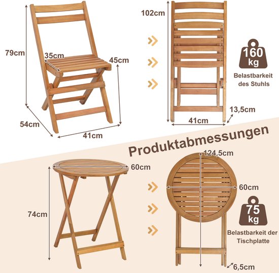 COSTWAY 3-delige Bistroset – 2 Tuinstoelen En Een Tafel Van Acaciahout, Inklapbaar Voor Balkon En Tuin