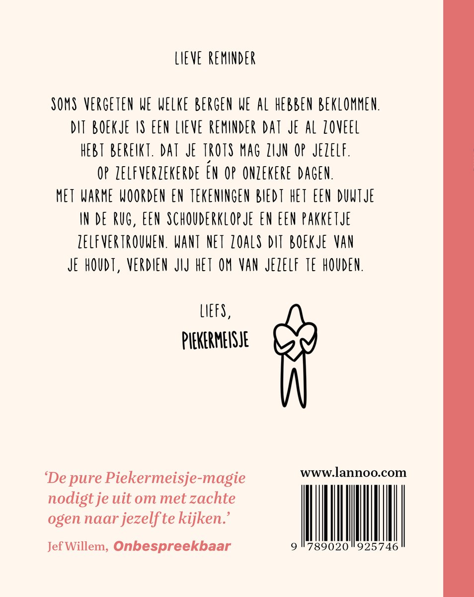 Boek met de tekst 'Lieve reminder', 'Soms vergeten we welke bergen we al hebben beklommen.' en 'Liefs, Piekermeisje'. Met een tekening van een hart met armen.