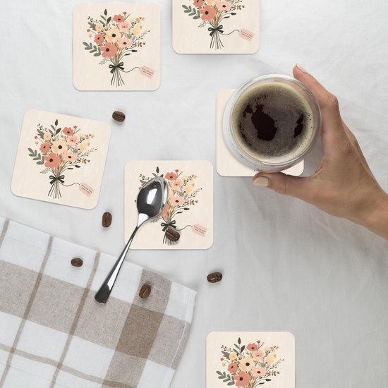 Dessous de verre Fleurs - Citation - Beige - Ruban - 10x10 cm - 6 morceaux - Sous pour Verres et Tasses