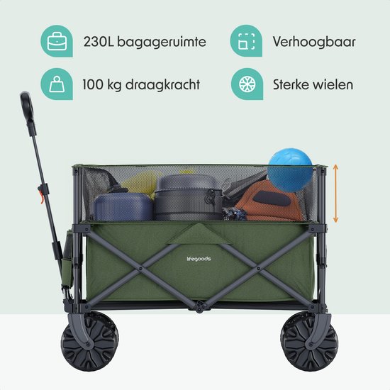 LifeGoods Bolderkar - Opvouwbare Bolderwagen - Strandkar - 100KG - 230L - Verhoogbaar - Met Beschermhoes - Groen van LifeGoods — afbeelding 3